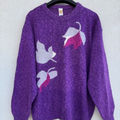 Maglione Vintage Viola con Foglie - M