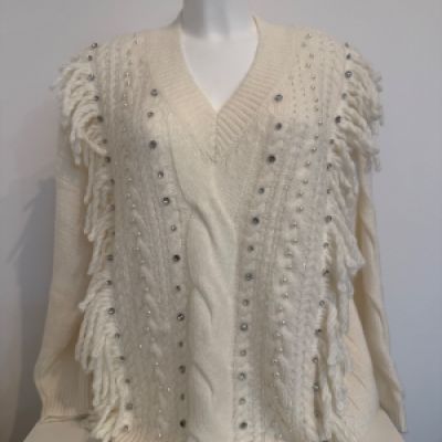 Twin Set maglia panna, scollo V, con frange e Swarovski